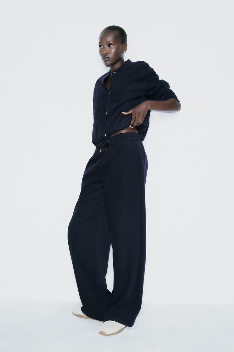 PANTALON DE ALFAIATARIA LARGO COM TEXTURA AZUL MARINHO