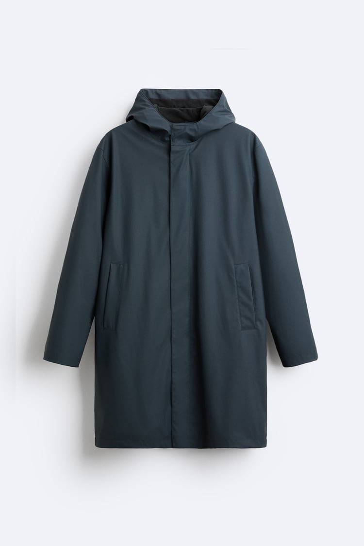 Parka com efeito borracha com capuz azul marinho